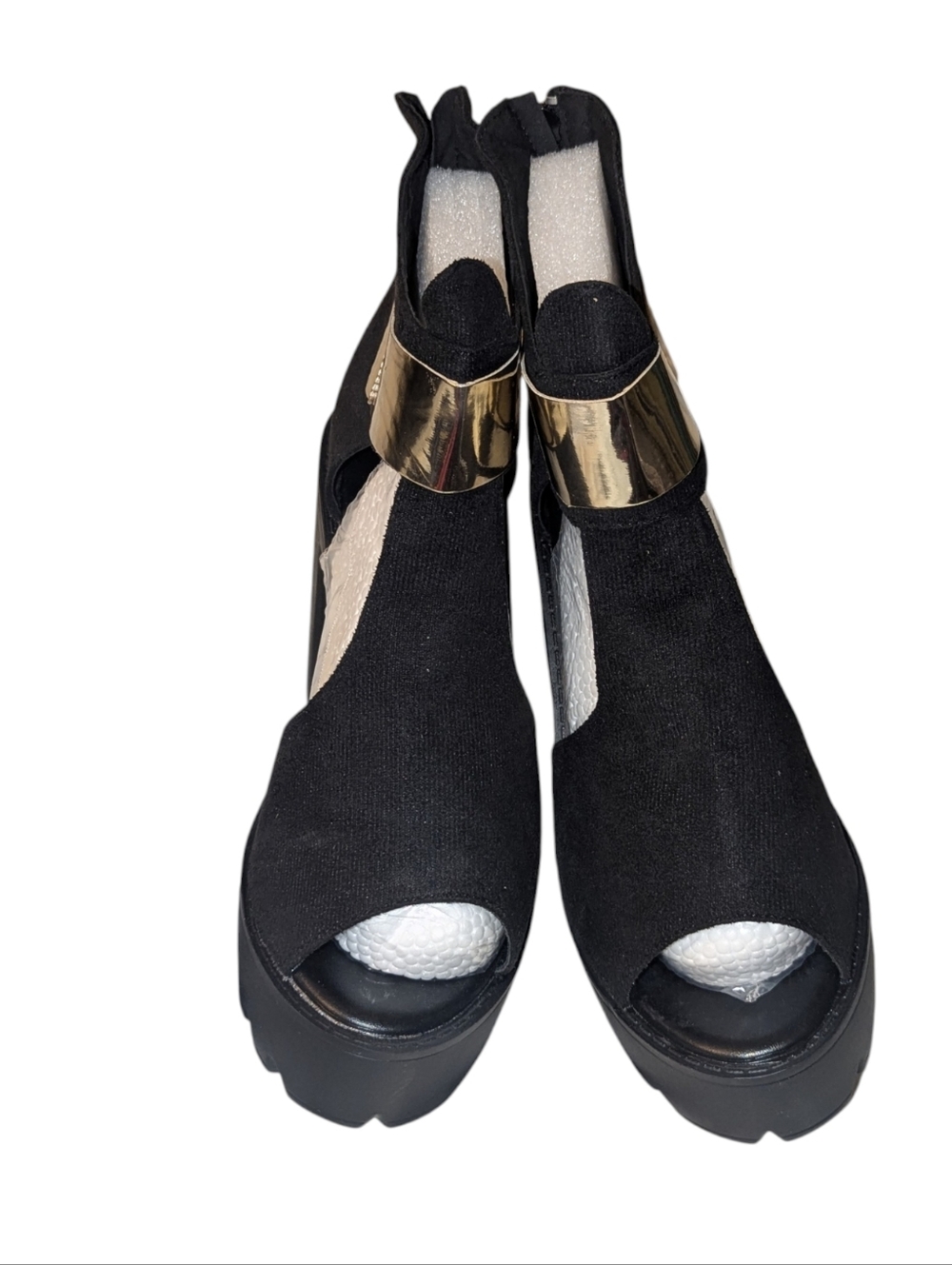 Black Platform Peep-Toe Heels with Gold Strappy Accent Women's Size 9 - Picture 5 of 9